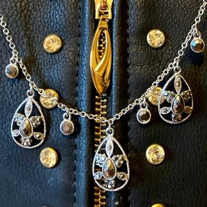 Necklace, 3 Dangling Emblems of faux silver & obsidian, w/ 4 dangling stones